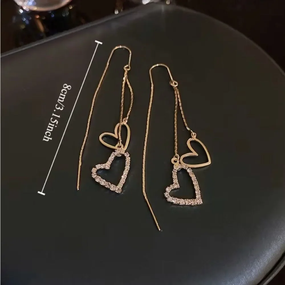 ✨ NEW Unique Sparkling Gold Tassle Double Heart Dangle Earrings ✨